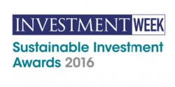 Logo for the Investment Week Sustainable Investment Awards 2016, featuring a blue and white banner for Investment Week with green text for Sustainable Investment Awards 2016, celebrating Edale’s recognition.